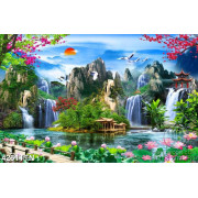 Tranh phong thủy thác nước in canvas con suối nhỏ trên ngọn núi