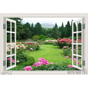 Tranh cửa sổ bên vườn hoa nở rộ file gốc