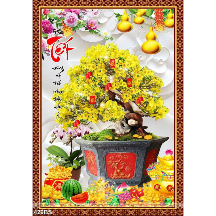 Tranh chậu bonsai mai vàng khoe sắc bên chữ thư pháp tết in lụa