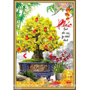 Tranh chậu bonsai psd mai vàng nở rộ bên chữ phúc treo tường
