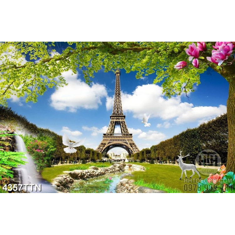 Tranh phong cảnh cây và thác Eiffel chất lượng cao 