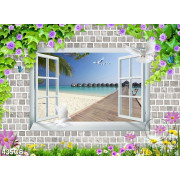Tranh trang trí nội thất khung cửa hướng ra biển in kính