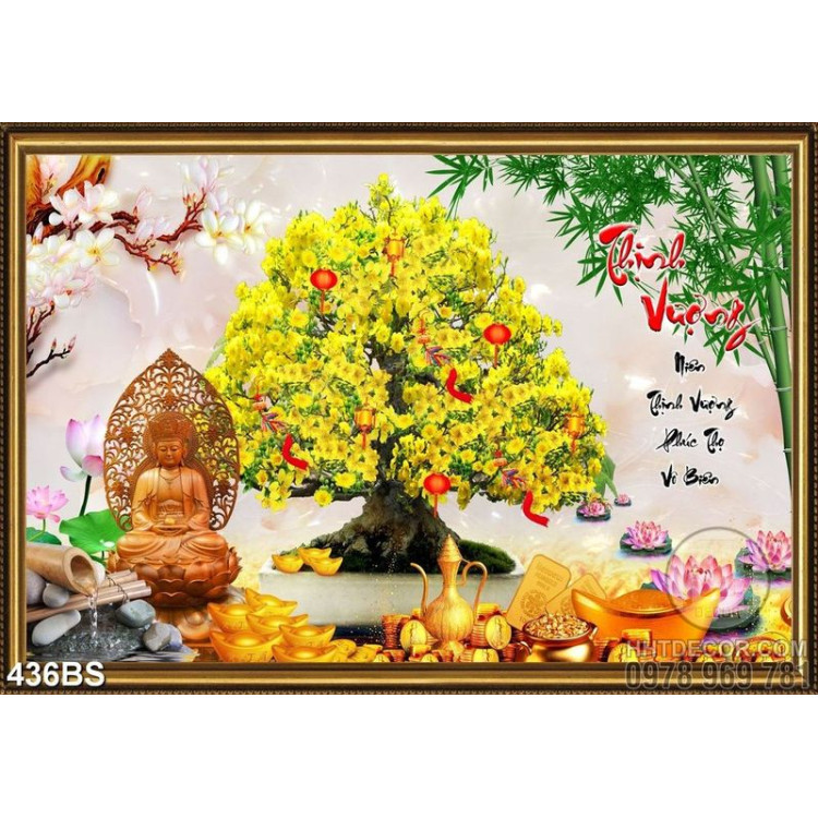 Tranh chậu bonsai mai vàng bên tượng Phật Di Lặc in gạch men