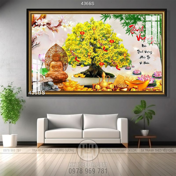 Tranh chậu bonsai mai vàng bên tượng Phật Di Lặc in gạch men