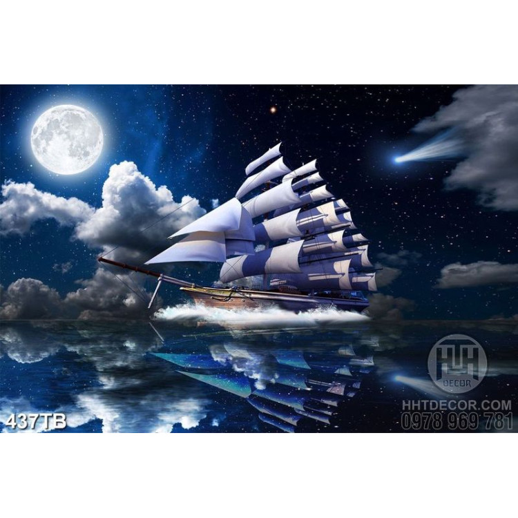 Tranh trang trí tường thuyền buồm dưới ánh trăng nghệ thuật 