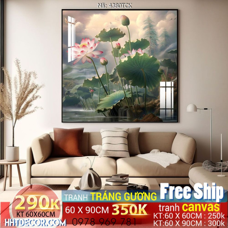 Tranh decor tường phòng khách cá chép hoa sen