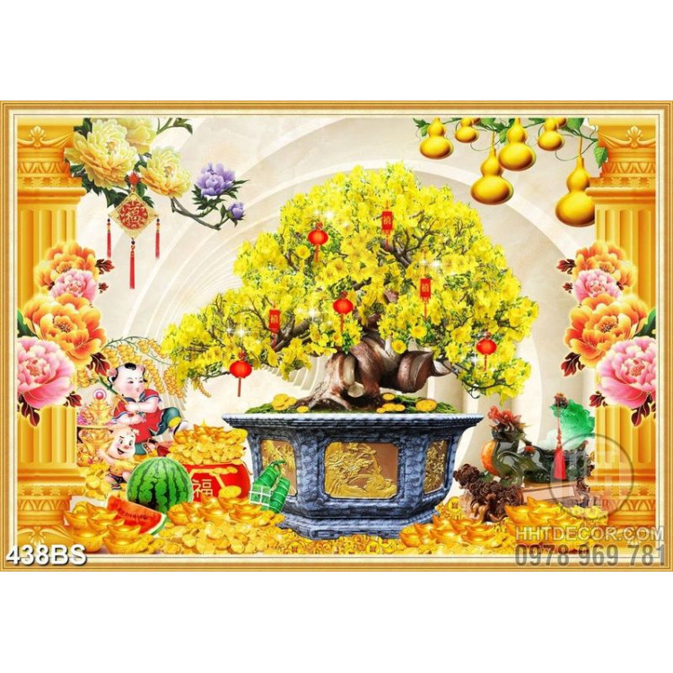 Tranh chậu bonsai decor mai vàng và tiểu linh đồng dán tường