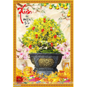 Tranh chậu bonsai psd mai vàng bên hoa bình hoa ly đón năm mới