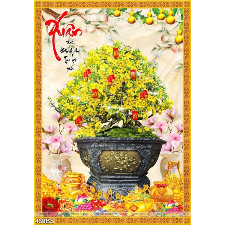 Tranh chậu bonsai psd mai vàng bên hoa bình hoa ly đón năm mới