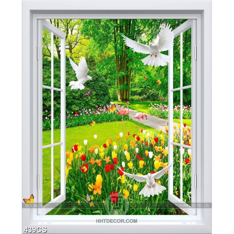 Tranh cửa sổ bên vườn hoa đầy màu sắc file psd