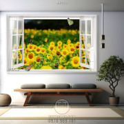 Tranh vườn hoa cúc vàng nở rộ bên ô cửa sổ chất lượng cao