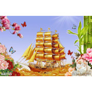 Tranh trang trí phòng chiếc thuyền bên dòng sông vàng và hoa mộc lan file gốc 