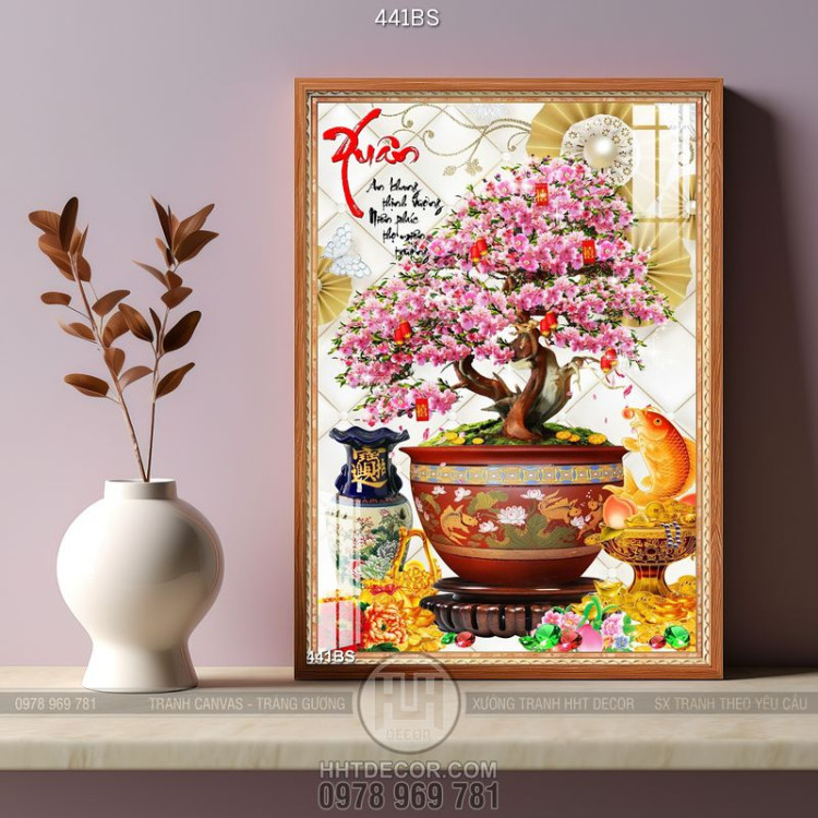 Tranh chậu bonsai hoa đào đón xuân nghệ thuật in 8d treo tường
