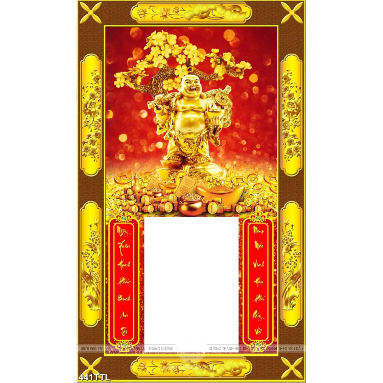Tranh psd Phật Di Lặc bên gốc hoa mai đúc vàng