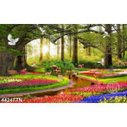 Tranh gắn tường vườn hoa tulip và nai đẹp nhất in kính 