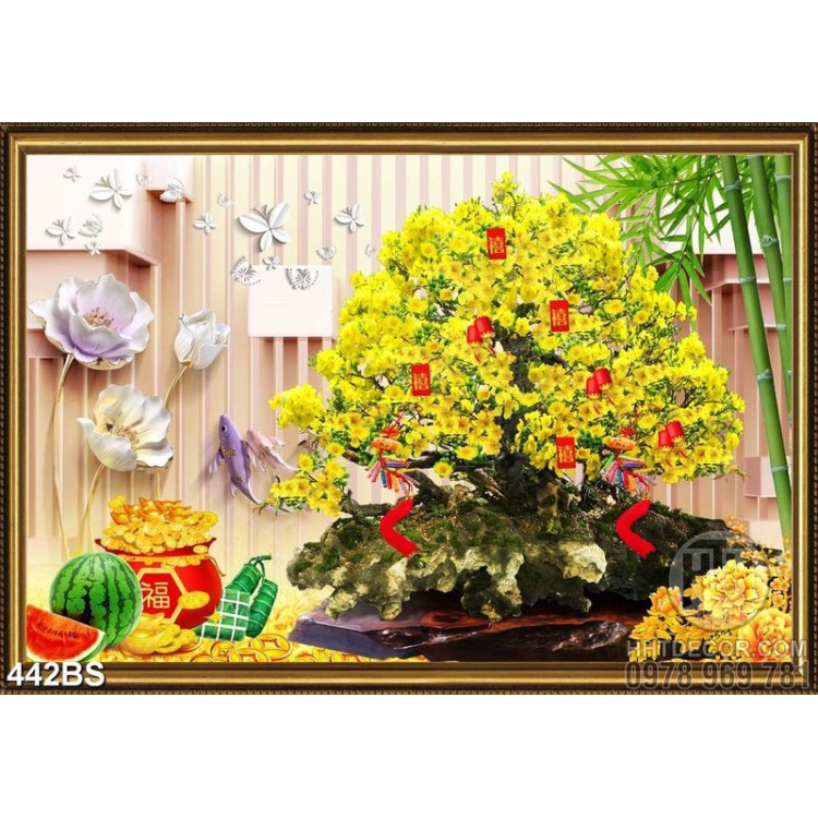 Tranh chậu bonsai wall 3d mai vàng khoe sắc bên hoa kim tiền
