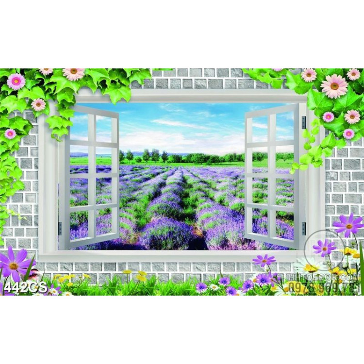 Tranh 3D cửa sổ và hoa oải hương tím dán tường
