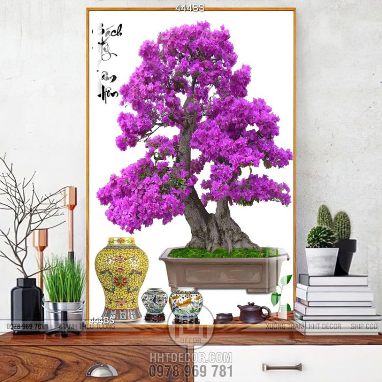 Tranh chậu bonsai hoa giấy màu tím mộng mơ 3d dán tường