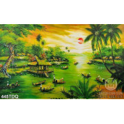 Tranh làng quê cây dừa và những con đò nhỏ trên sông trang trí tường 