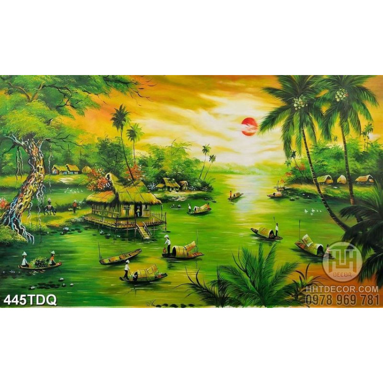 Tranh làng quê cây dừa và những con đò nhỏ trên sông trang trí tường 