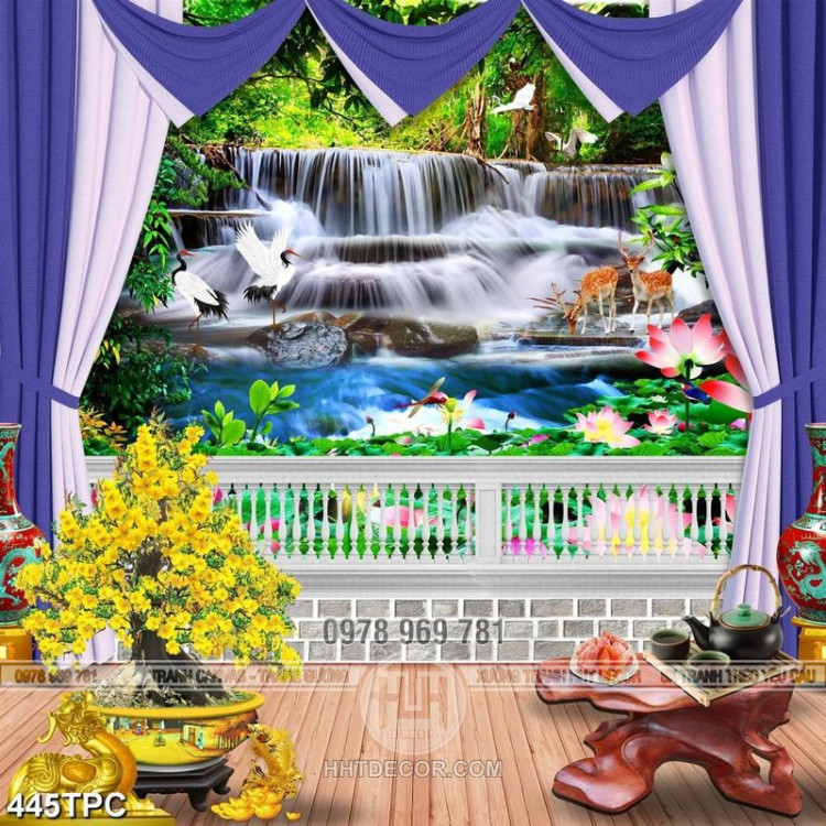 Tranh rèm màn decor trang trí hai chú hươu non bên thác nước 