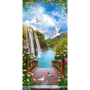 Tranh cầu gỗ giữa vườn hồng bên thác nước đẹp file gốc 
