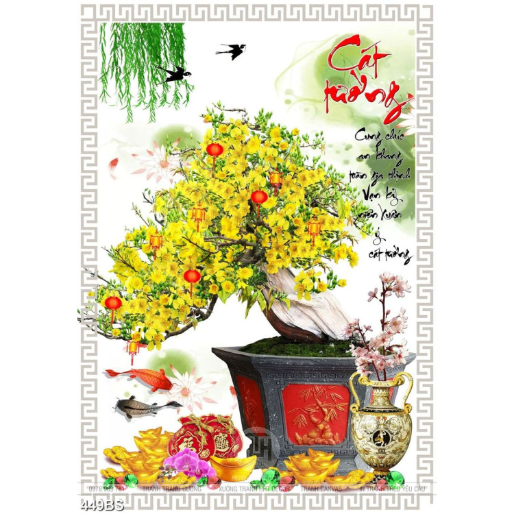 Tranh chậu bonsai decor mai vàng bên hồ cá chép 5d treo tường