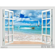 Tranh trang trí tường cửa sổ hướng ra biển xanh in kính