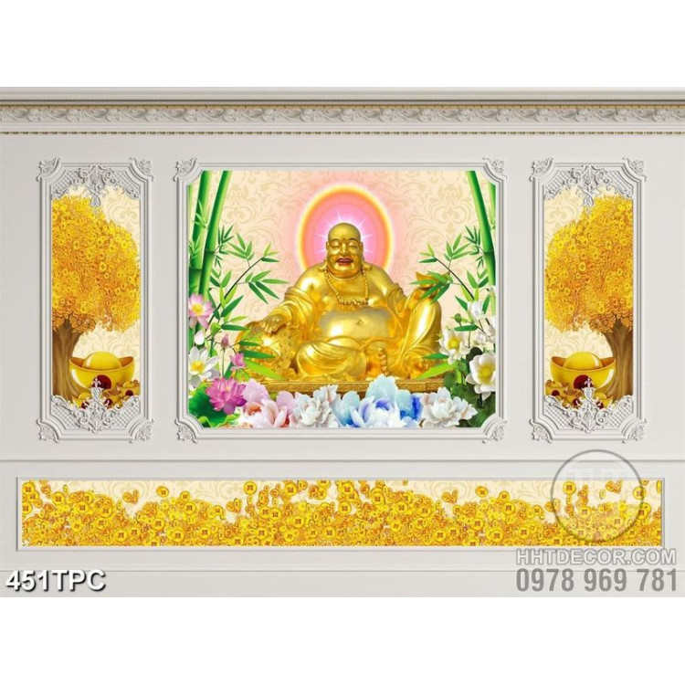 Tranh phào chỉ psd nghệ thuật Phật Di Lặc trên núi kim tiền