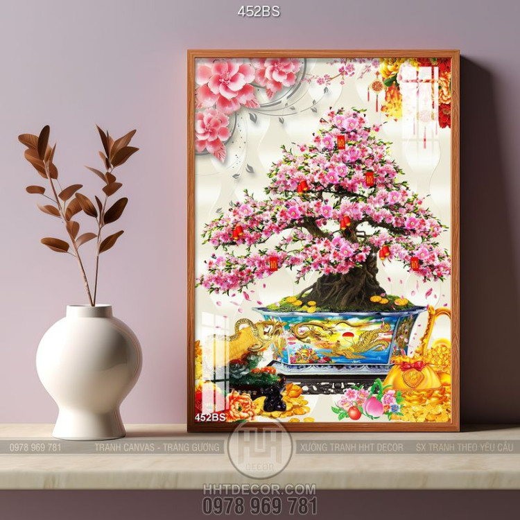 Tranh chậu bonsai nghệ thuật dán tường hoa đào khoe sắc đón tết
