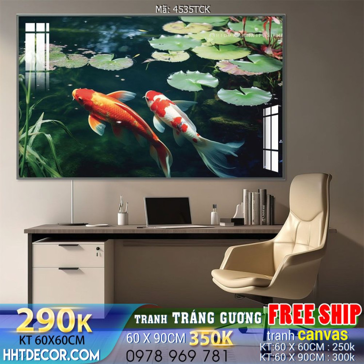 Tranh decor tường phòng khách cá chép hoa sen