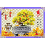 Tranh chậu bonsai wall 3d mai vàng nở rộ chúc phúc treo tường