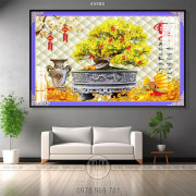 Tranh chậu bonsai wall 3d mai vàng nở rộ chúc phúc treo tường