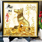 Tranh decor chú chó vàng bên cây kim tiền phát tài 