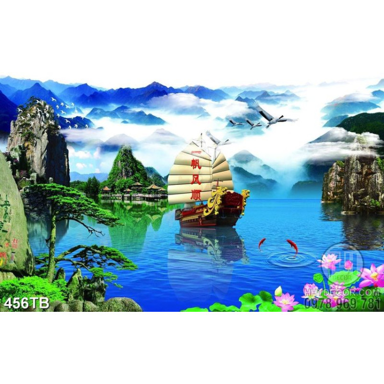 Tranh phong cảnh hoa sen và thuyền rồng trên dòng sông file gốc 