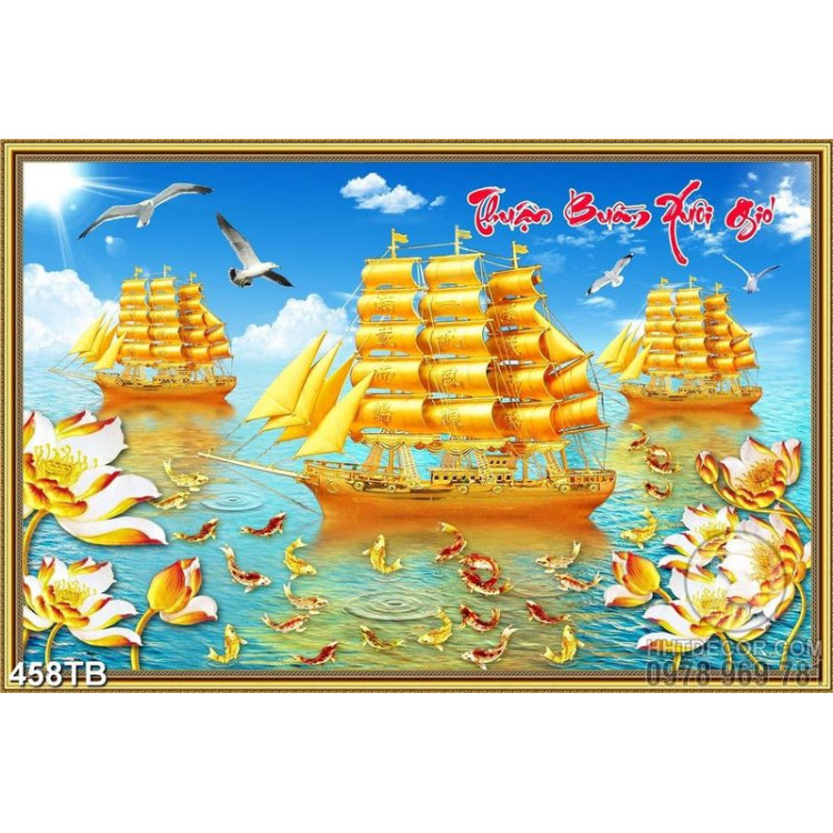 Tranh kim tiền đàn cá chép và những chiếc thuyền vàng 
