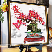 Tranh chậu bonsai hoa đào bên chữ phúc phong thủy sán tường