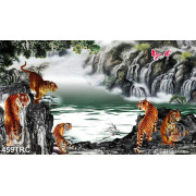 Tranh ngũ hổ bên thác nước hung dữ in canvas