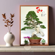 Tranh chậu bonsai decor bên chữ Tân mừng xuân thư pháp in 5d