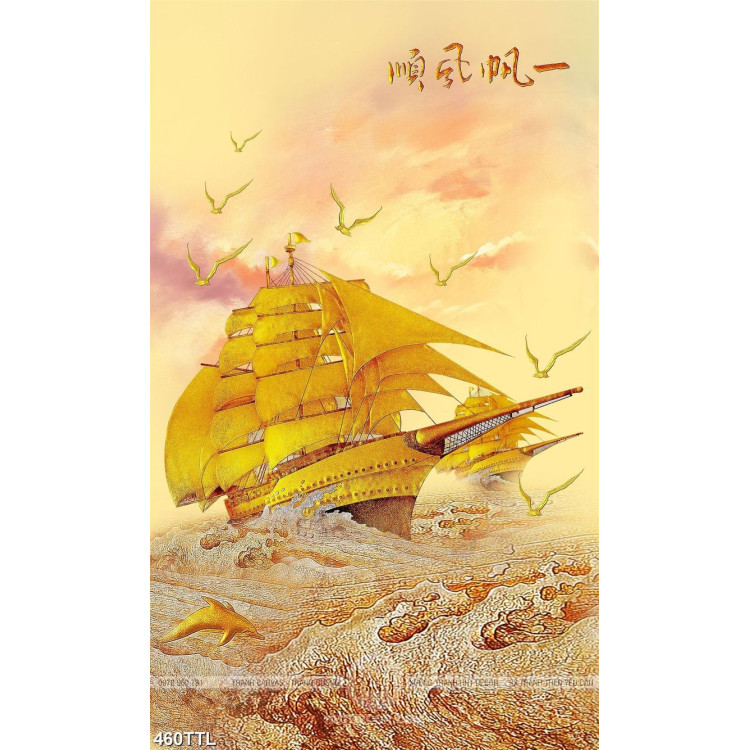 Tranh con tàu căng buồm trên biển vàng in canvas