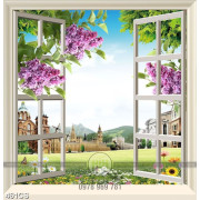 Tranh trang trí tường khung cửa sổ hướng ra tòa lâu đài in kính
