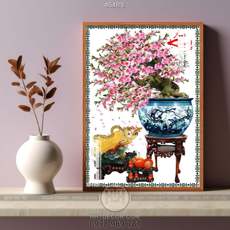 Tranh chậu bonsai wall 3d hoa đào khoe sắc an khang treo tường