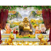 Tranh phào chỉ 5d Phật Di Lặc tọa lạc bên đôi kì lân dáp vàng