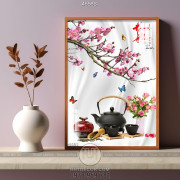 Tranh chậu bonsai in psd hoa đào bên ấm trà ấn trên bàn gỗ
