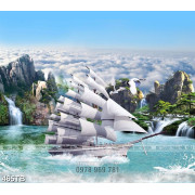 Tranh trang trí tường thuyền buồm bên mây và núi chất lượng cao