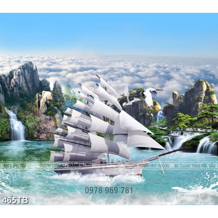 Tranh trang trí tường thuyền buồm bên mây và núi chất lượng cao
