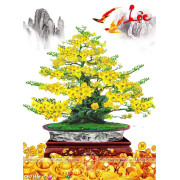 Tranh chậu bonsai in uv mai vàng bên núi kim tiền đón tết