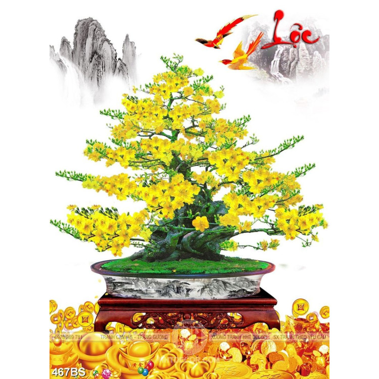 Tranh chậu bonsai in uv mai vàng bên núi kim tiền đón tết