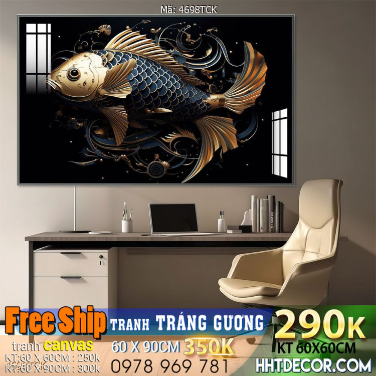 Mẫu tranh decor tường cá chép hoa sen 