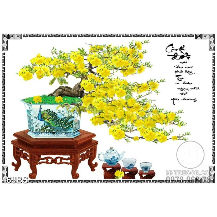 Tranh chậu bonsai in gạch men mai vàng trên chiếc kệ gỗ